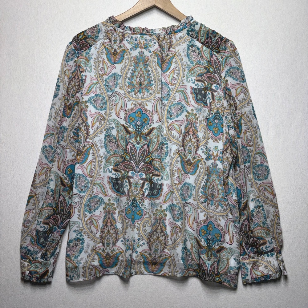 LOFT Paisley Floral Tie Neck Blouse Blue Pink Teal Size XL Sheer‎ Feminine Boho - Picture 3 of 9